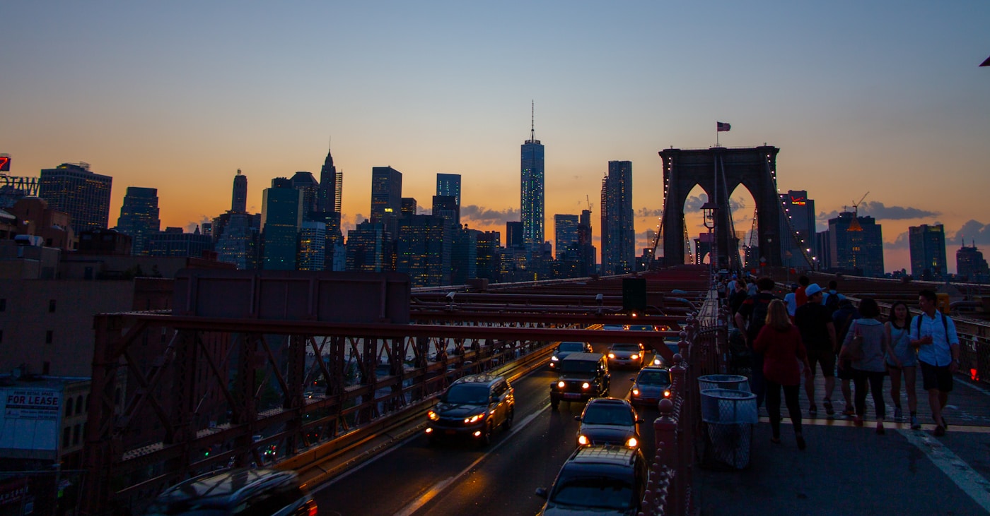 The New York City skyline at dusk